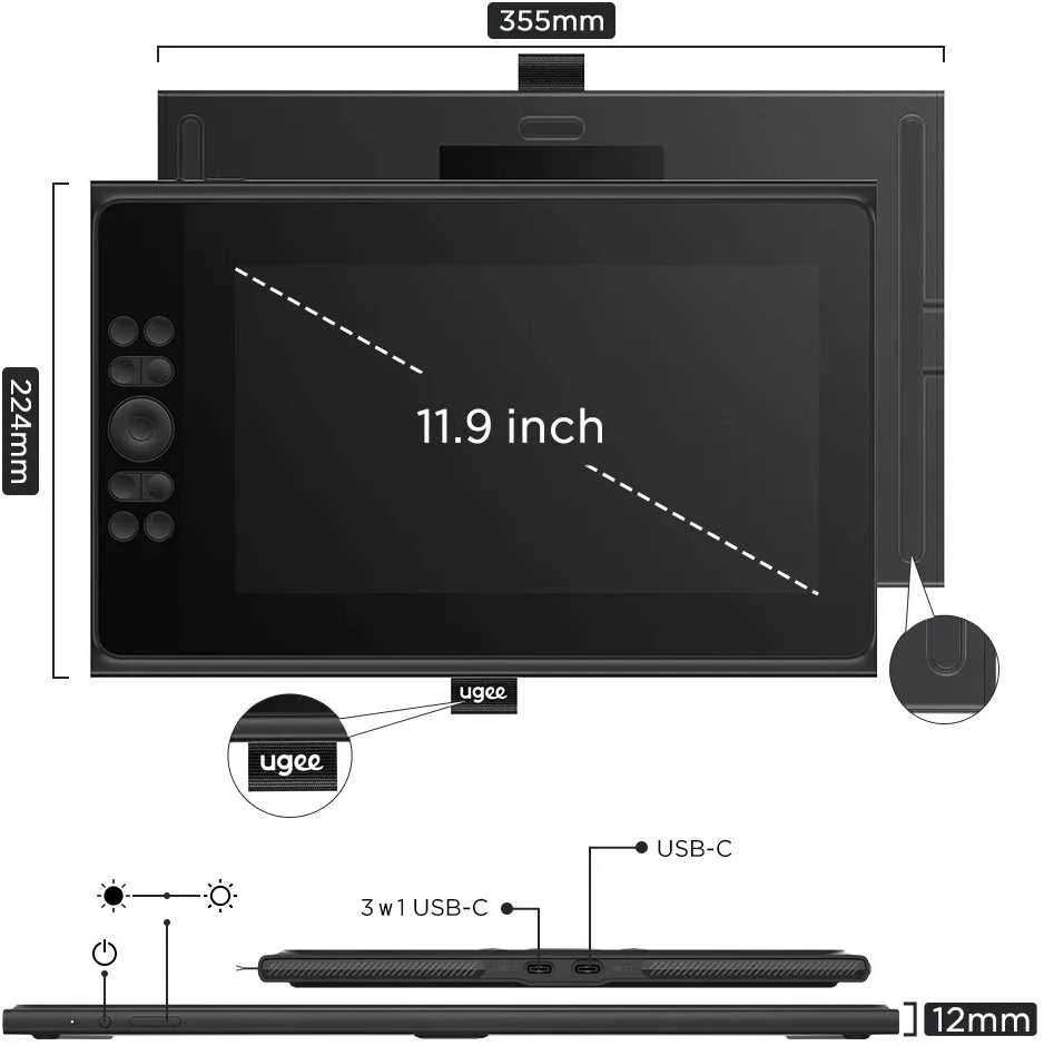 Grafikos Planšetė - Ugee UE12 PLUS 11.9" FHD 1920x1080, 16,000 Spaudimo Lygių