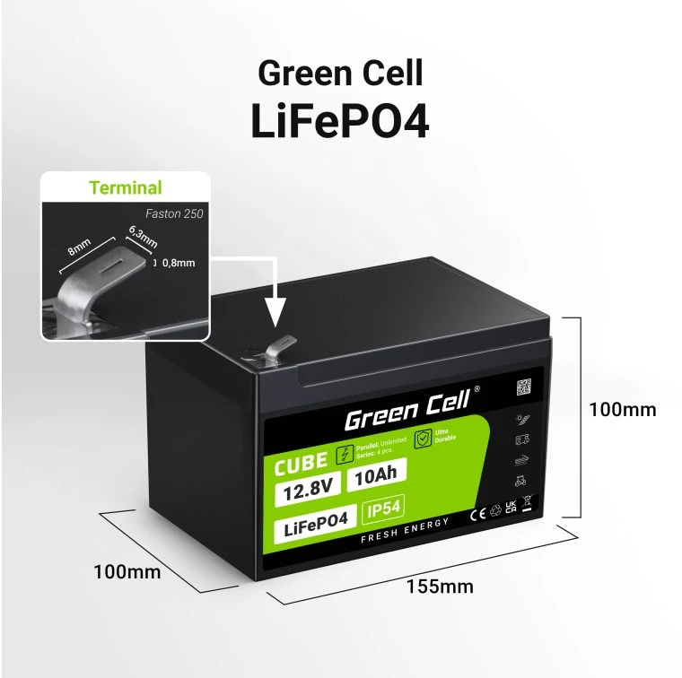 Žalias Cell Žalias Cell CUBE LiFePO4 10Ah 12.8V 128Wh ličio-geležies fosfato baterija, skirta maitinimui ir avariniam apšvietimui, valdymo pultai