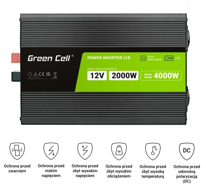 Maitinimo inverteris Green Cell PowerInverter LCD 12V–230V, 2000W/4000W