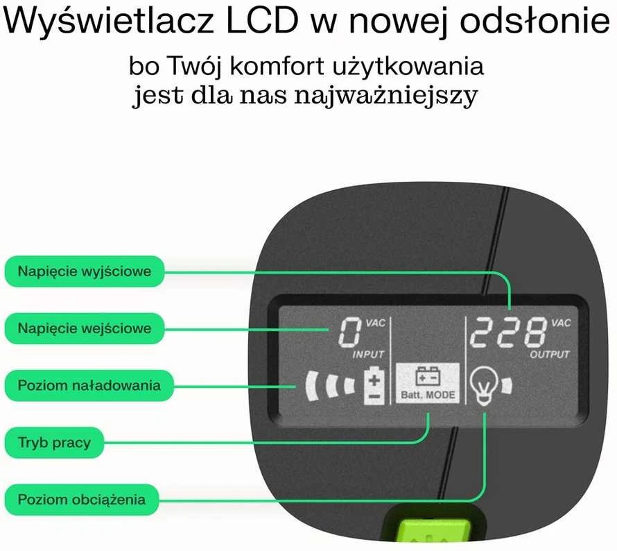 Green Cell Žalias Cell Avarinis maitinimo šaltinis UPS Greencell 2000VA 1200W PowerProof su LCD ekranu