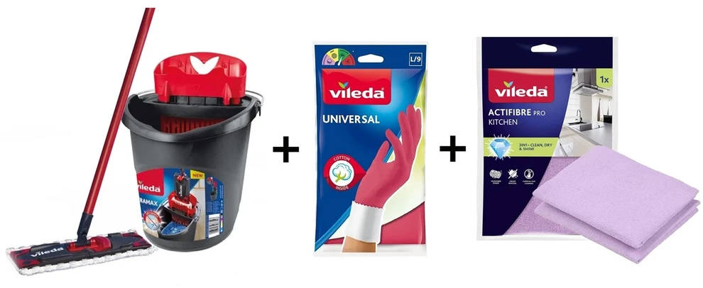 Vileda Ultramax Box flat mop with kitchen set | 1 pair of Universal gloves + 1 Actifibre Pro kitchen cloth