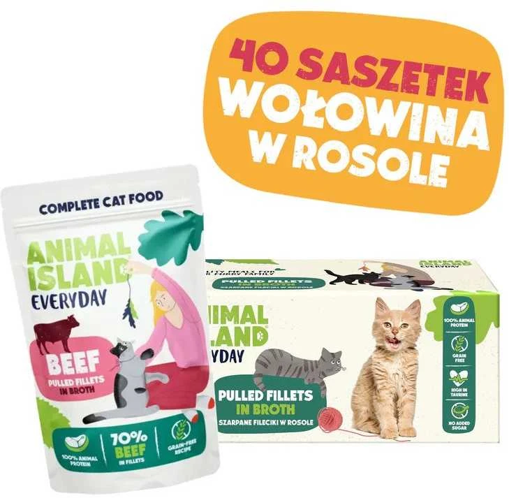 Gyvūnų maistas - ANIMAL ISLAND jautiena sultinyje šlapias kačių maistas 40x85g begrūdis