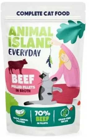 Gyvūnų maistas - ANIMAL ISLAND jautiena sultinyje šlapias kačių maistas 40x85g begrūdis