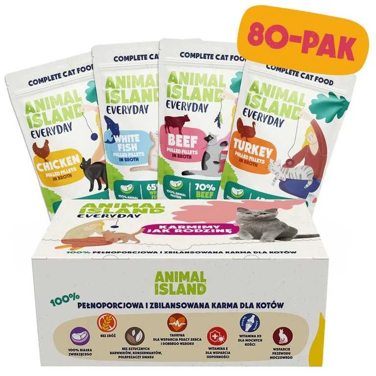 ANIMAL ISLAND kalakutiena / Baltas fish / jautiena / vištiena Fillets in broth – šlapias kačių maistas – 80x85g