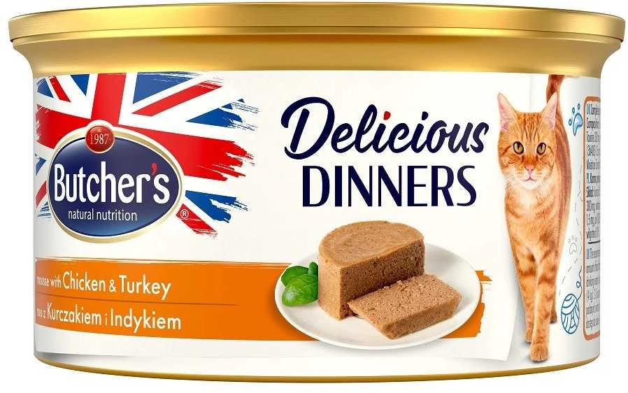 Drėgnas Kačių Maistas - BUTCHER'S Delicious Dinners Vištiena su Kalakutiena 85g