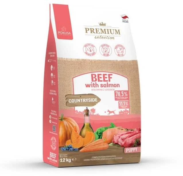 Gyvūnų Maistas - POKUSA Premium pasirinkimas šuniukams jautiena lašiša 12kg be glitimo
