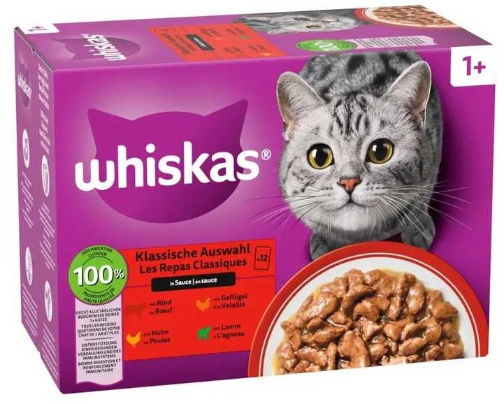WHISKAS paukštienos / ėrienos / jautienos / vištienos padažo pakelis 80 x 85 g