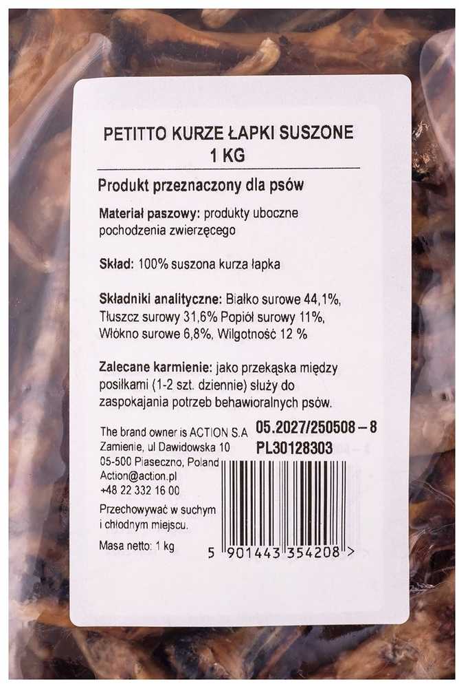 Gyvūnų Priedas - PETITTO Džiovinti Vištienos Pėdų 1kg Be Grūdų Kramtomi