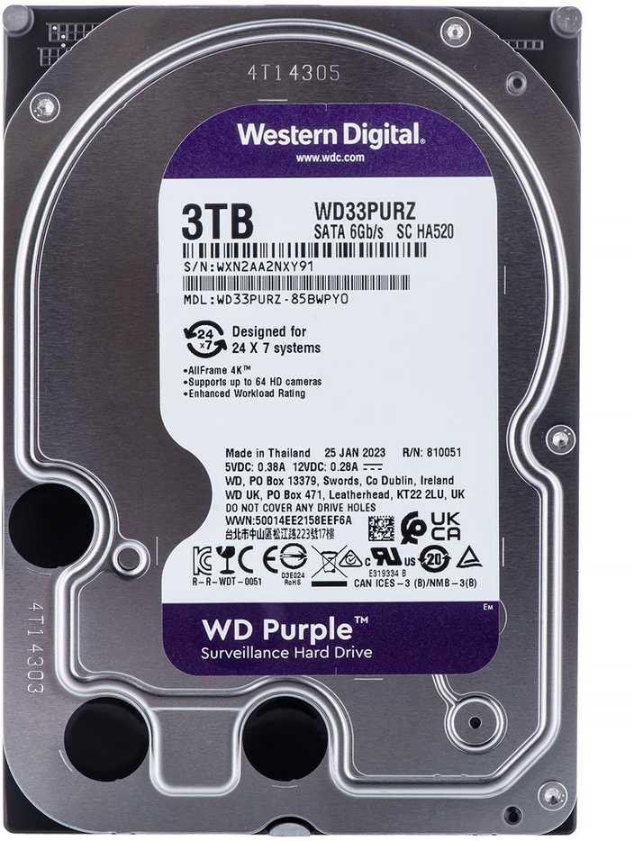 Western Digital HDD Video Surveillance WD Violetinė 3TB CMR, 3.5'', 256MB, SATA 6Gbps, TBW: 180
