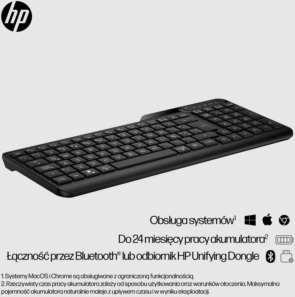 Hewlett Packard (HP) HP 475 Wireless Silent Klaviatūra - dviejų režimų, atsparus išsiliejimui, dezinfekuojamas, programuojamas - Juodas - US ENG