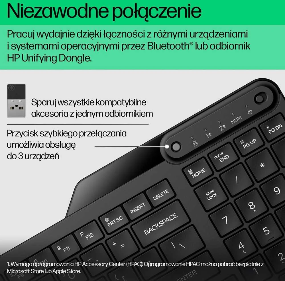Hewlett Packard (HP) HP 475 Wireless Silent Klaviatūra - dviejų režimų, atsparus išsiliejimui, dezinfekuojamas, programuojamas - Juodas - US ENG