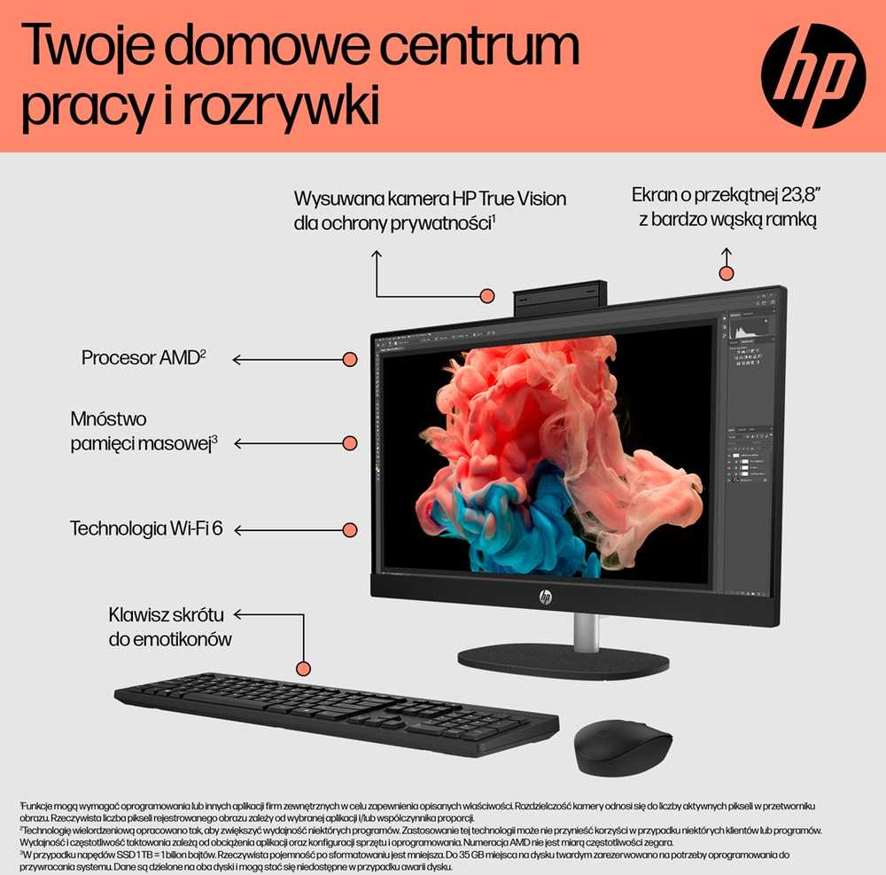Stacionarus kompiuteris Hewlett Packard (HP) HP 24-cr0332nw AMD Ryzen™ 7 7730U 60,5 cm (23,8 colio) 1920 x 1080 pikselių „viskas viename“ asmeninis kompiuteris 16 GB DDR4-SDRAM 512 GB SSD „Windows 11 Home“ „Wi-Fi 6“ (802.11ax) Baltas