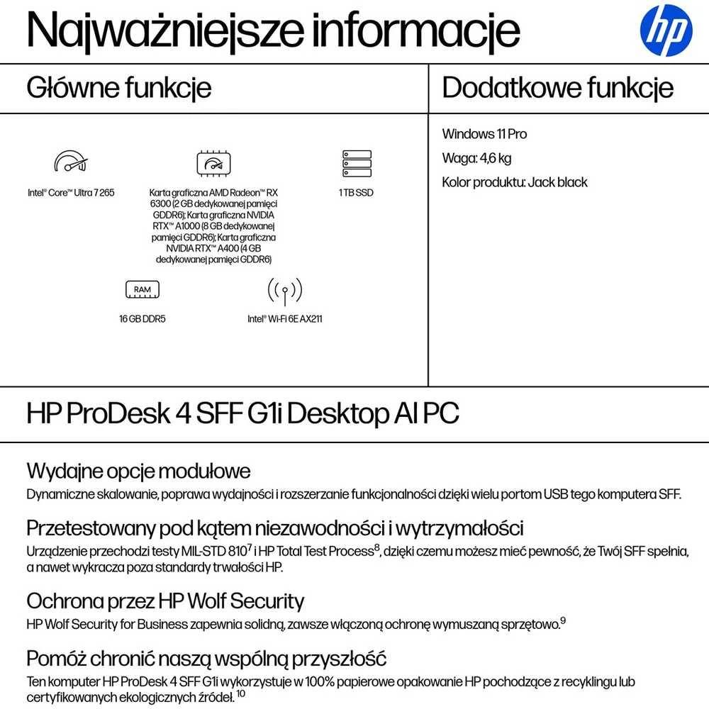 Stacionarus kompiuteris Hewlett Packard (HP) HP ProDesk 4 SFF G1i Desktop AI PC Intel Core Ultra 7 265 16 GB DDR5-SDRAM 1 TB SSD Windows 11 Pro Juodas
