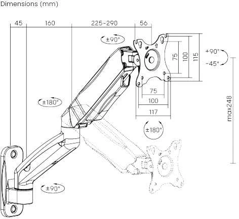 Hismart 17”-32” monitoriaus spyruoklinis sieninis laikiklis, juodas