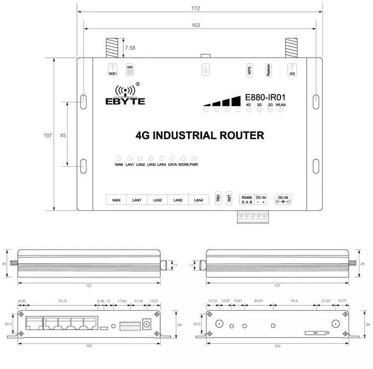 Hismart Pramoninis Maršrutizatorius - 4G/LTE Mobilus Maršrutizatorius 150Mbps RS485 4 LAN 1 WAN -40 iki 70°C