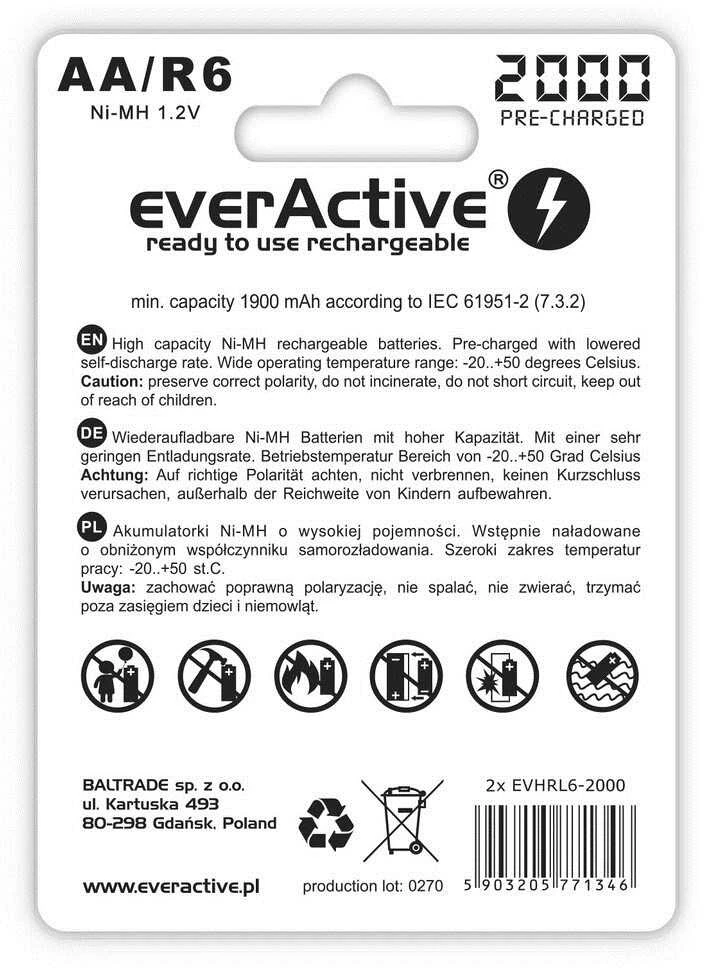 EverActive AA baterijų pakuotė, galinė pusė