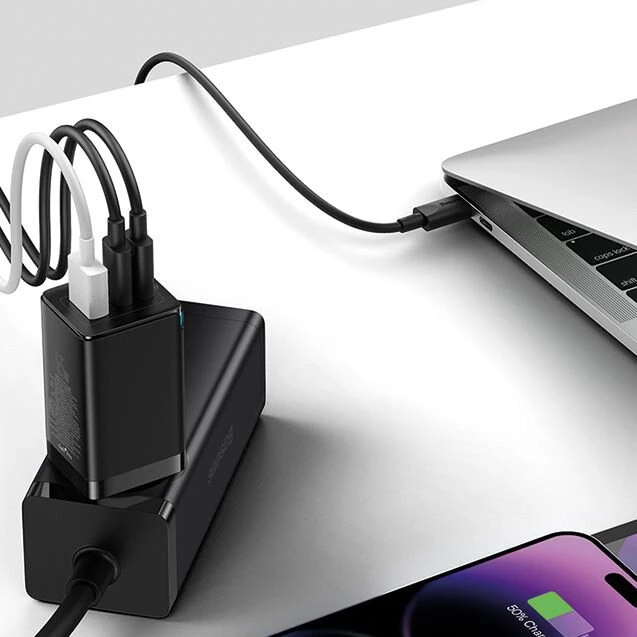 Baseus GaN5 Pro sieninis įkroviklis 2xUSB-C + USB 65W Juodas