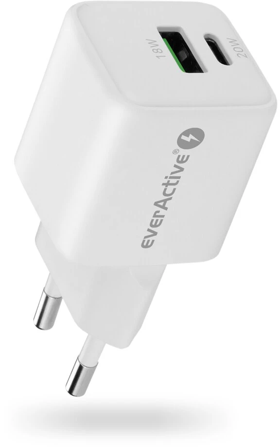Įkroviklis - everActive 20 W 1xUSB 1xUSB-C QC3.0 PD GaN Kompaktiškas Baltas