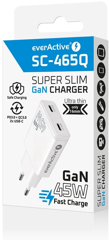 Įkroviklis - everActive 45W 2xUSB-C GaN Greitas Įkroviklis, Balta