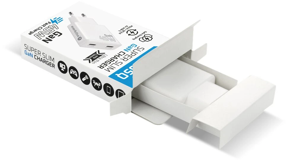 Įkroviklis - everActive 45W 2xUSB-C GaN Greitas Įkroviklis, Balta