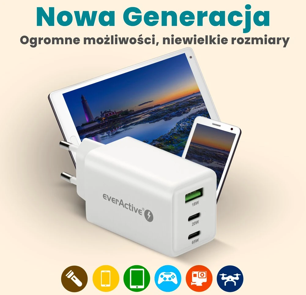 „everactive“ įkroviklis GaN 1 x USB, 2 x USB-C greito įkrovimo 4+ 65 W baltas