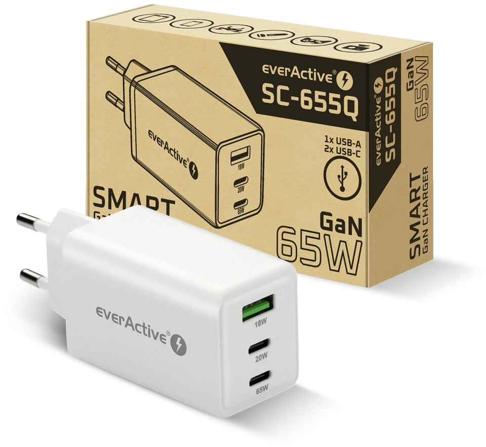 „everactive“ įkroviklis GaN 1 x USB, 2 x USB-C greito įkrovimo 4+ 65 W baltas
