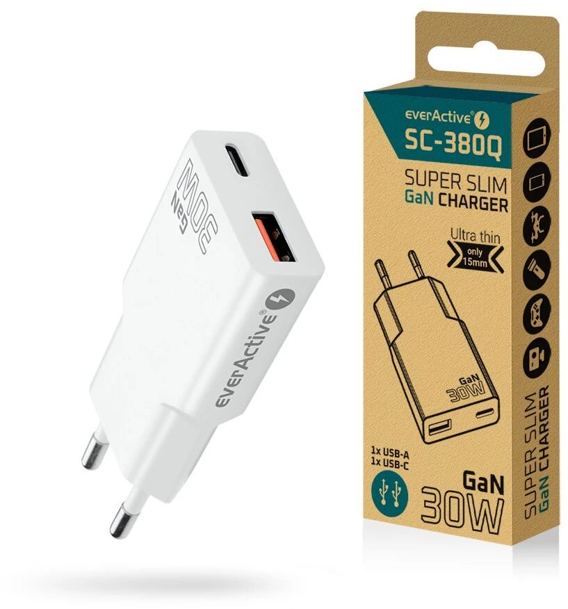„everactive“ įkroviklis: 1 x USB, 1 x USB-C greito įkrovimo 3.0 30 W itin plonas baltas
