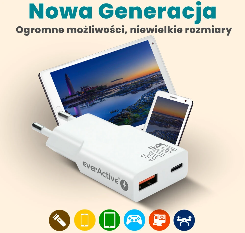 „everactive“ įkroviklis: 1 x USB, 1 x USB-C greito įkrovimo 3.0 30 W itin plonas baltas