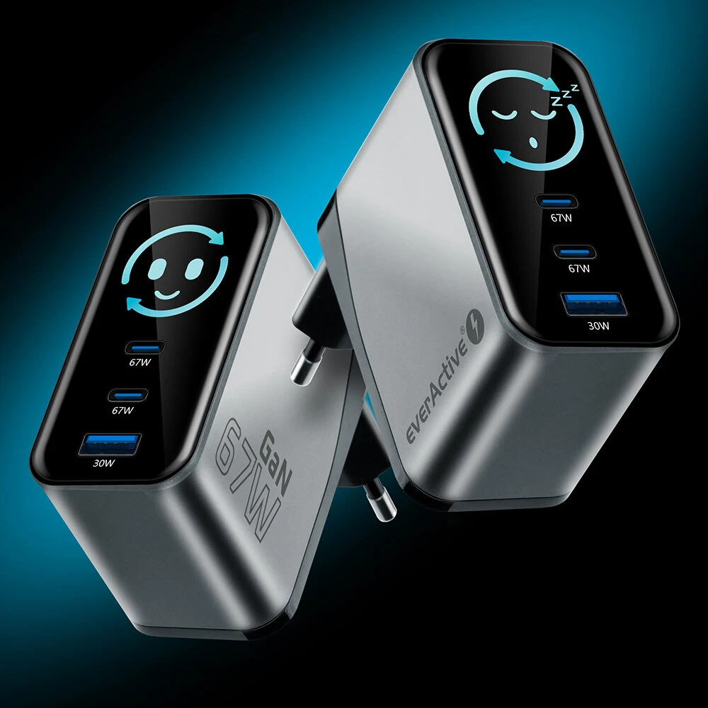 Įkroviklis - everActive SC-670Q Pro 67W 1xUSB-A 2xUSB-C, LCD Ekranas, Juoda