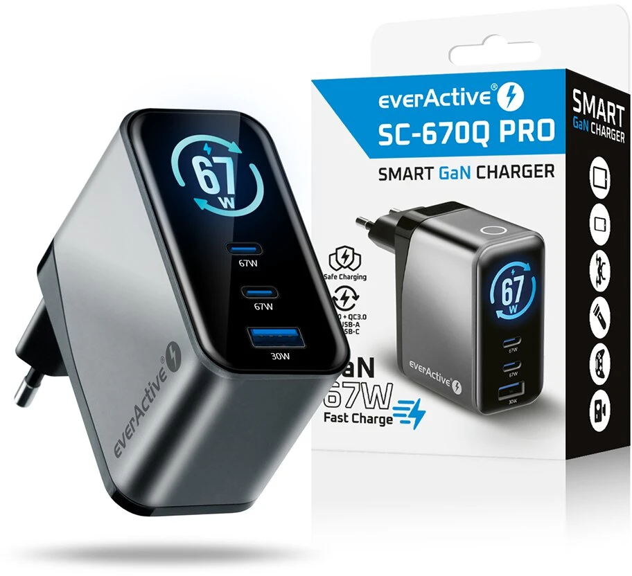 Įkroviklis - everActive SC-670Q Pro 67W 1xUSB-A 2xUSB-C, LCD Ekranas, Juoda