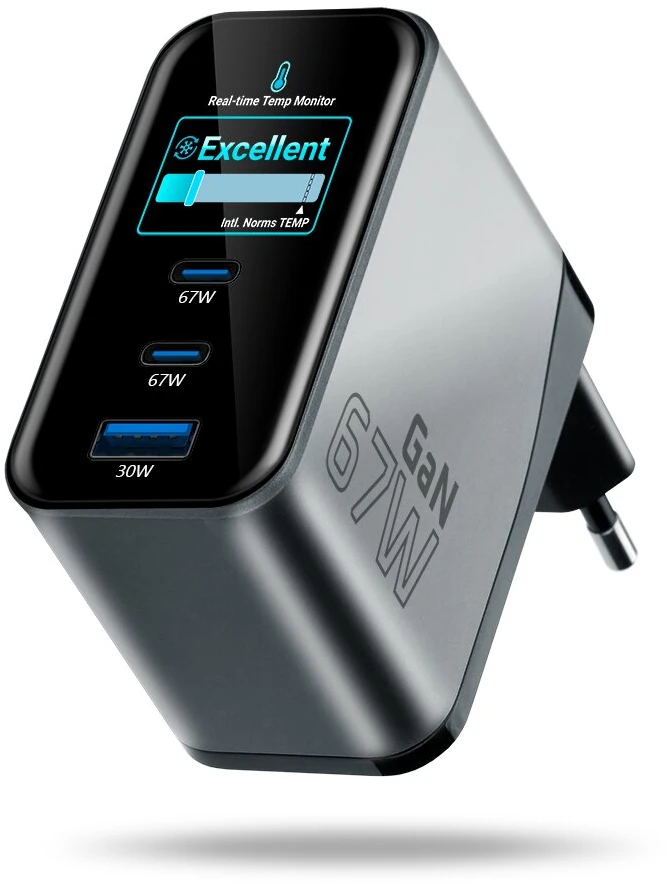 Įkroviklis - everActive SC-670Q Pro 67W 1xUSB-A 2xUSB-C, LCD Ekranas, Juoda