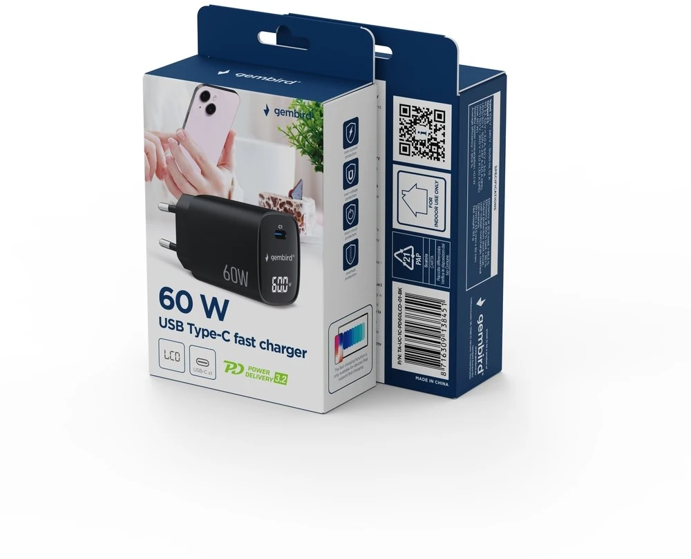 Gembird TA-UC-1C-PD60LCD-01-BK 60W USB Type-C fast charger, LCD, juodas
