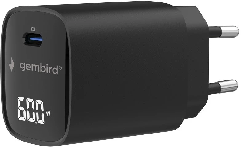 Gembird TA-UC-1C-PD60LCD-01-BK 60W USB Type-C fast charger, LCD, juodas