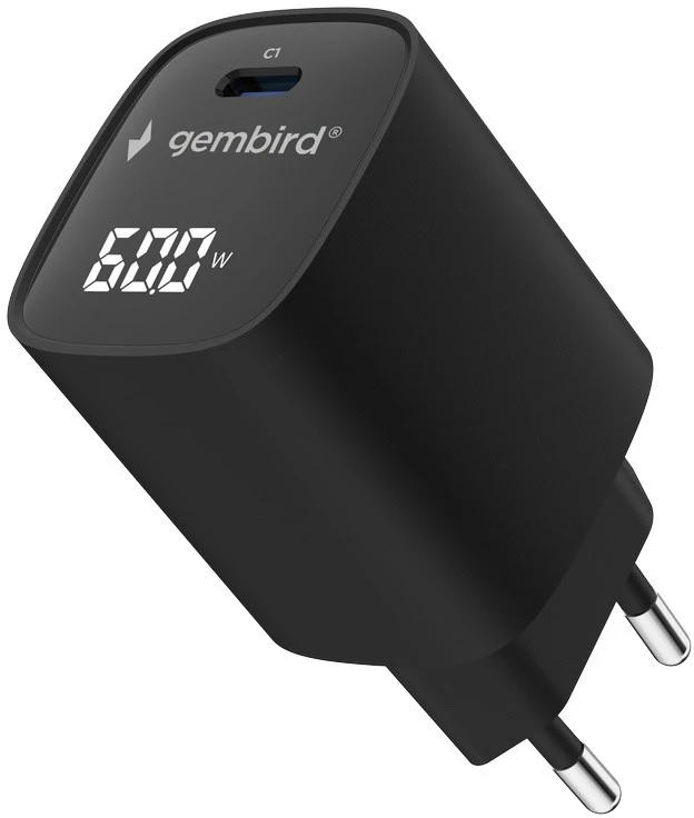 Gembird TA-UC-1C-PD60LCD-01-BK 60W USB Type-C fast charger, LCD, juodas