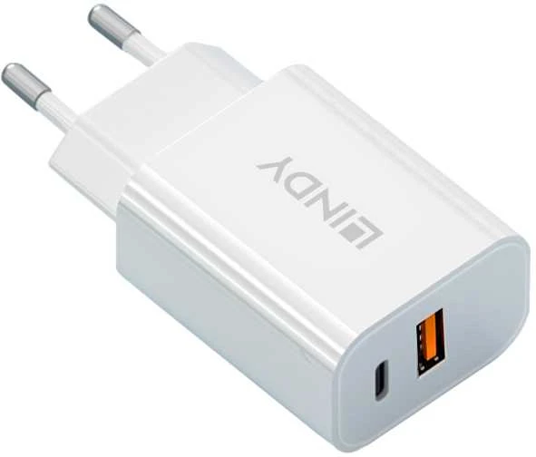 Įkroviklis - LINDY 30W USB Type A ir C Įkroviklis, Dvigubas Prievadas, PD Kompaktiškas Dizainas, Baltas