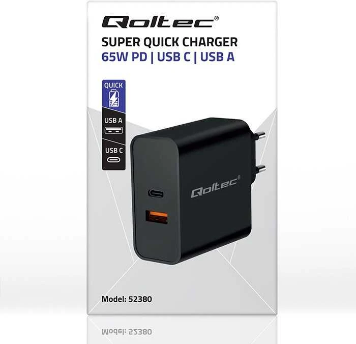 Įkroviklis - Qoltec 52380 65W PD USB-C & USB Juodas