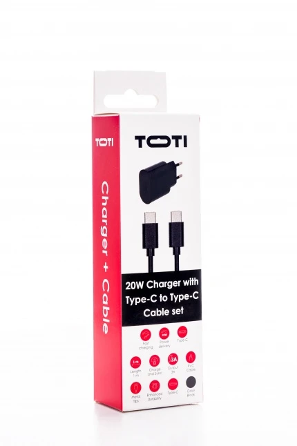 SEEK TOTI 20W Type-C PD Wall Fast Charger with Type-C to Type-C, 1 m PVC Data Cable 3A, Juodas