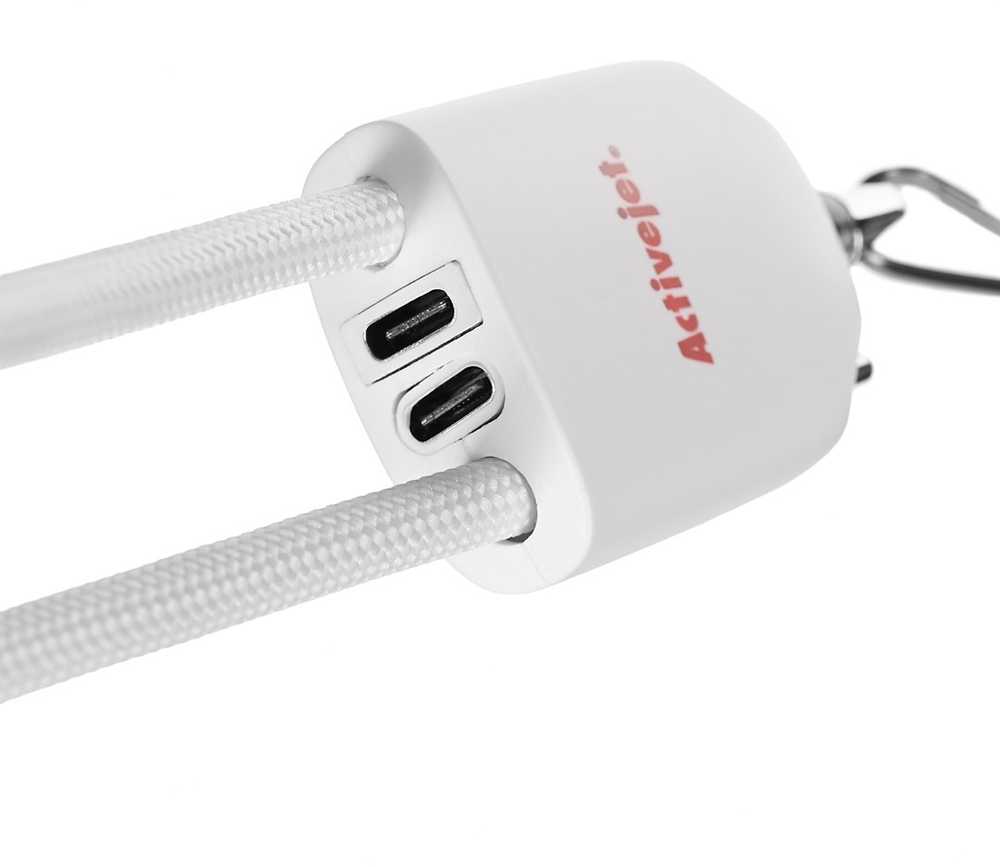 Activejet virvelė su 3 viename įkrovimo laidu, baltas. Galuose įvairios jungtys: USB-C, „Lightning“ adapteris, USB-A