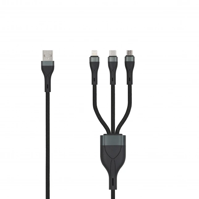 SEEK TOTI USB A to microUSB/Type-C/Lightning, 1.5 m Braided Cable 2A (non-MFI), Juodas