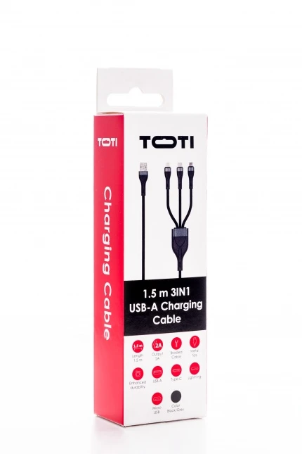 SEEK TOTI USB A to microUSB/Type-C/Lightning, 1.5 m Braided Cable 2A (non-MFI), Juodas