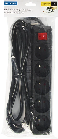 Blow PR-570WSP 5 lizdų maitinimo ilgintuvas su įžeminimu + jungiklis 3m juodas (3x1.5mm)