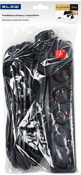 Blow PR-570WSP prailgintuvas, 5 lizdų su įžeminimu + jungikliu, 10 m, juodas (3x1.5 mm)