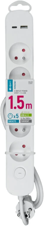 Ilgintuvas - DPM 5 Lizdų Su USB-A Ir USB-C, 1,5 M, Baltas