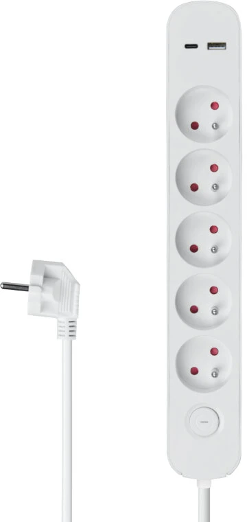 Ilgintuvas - DPM 5 Lizdų Su USB-A Ir USB-C, 1,5 M, Baltas