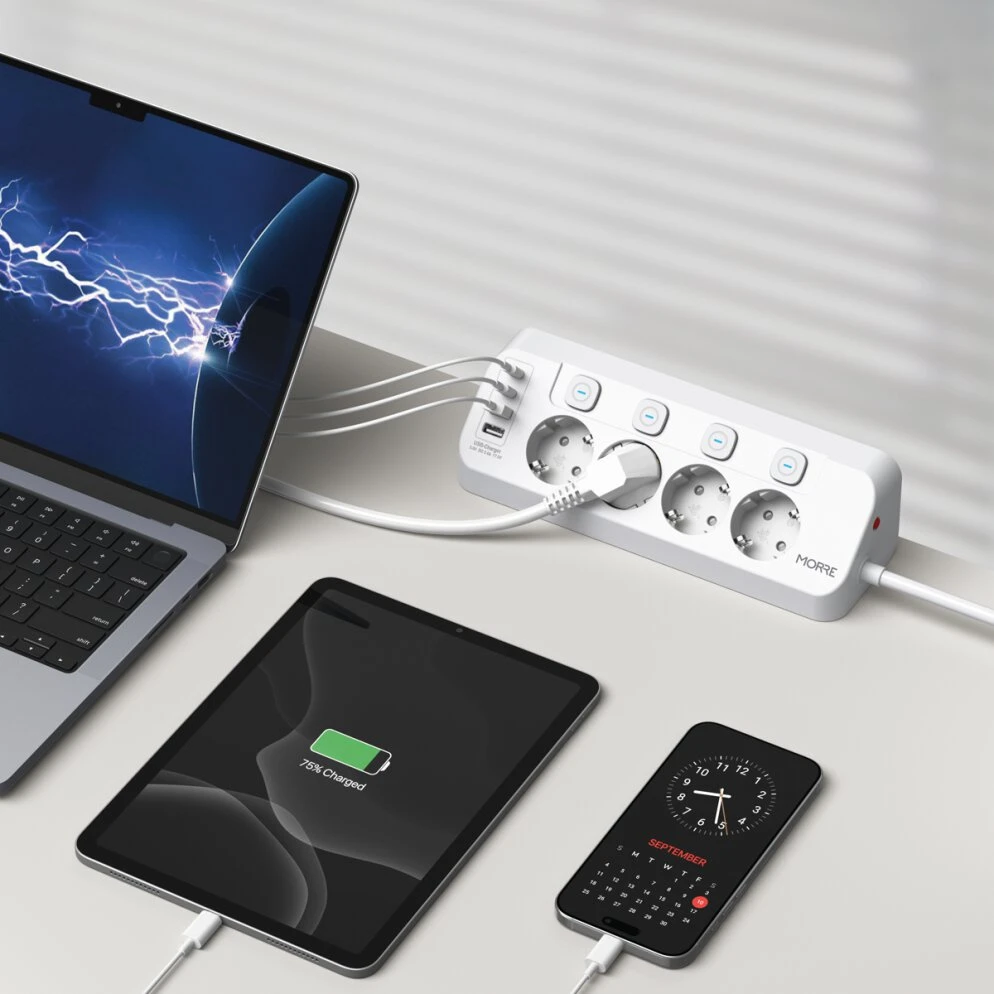 Ilgintuvas - Morre M412, 4 Lizdai, 2 USB-C, 2 USB-A, 2 m, Balta/Juoda
