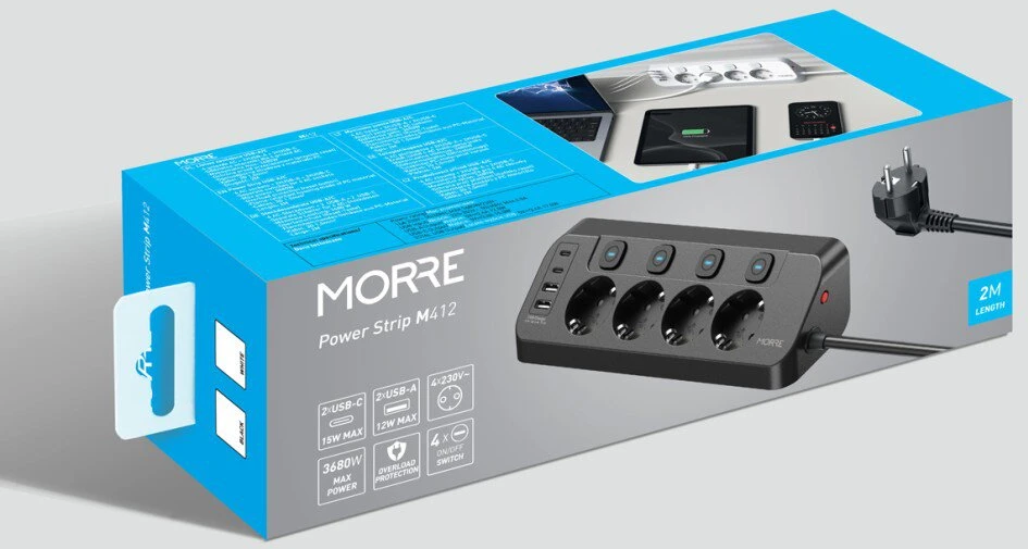 Ilgintuvas - Morre M412, 4 Lizdai, 2 USB-C, 2 USB-A, 2 m, Balta/Juoda