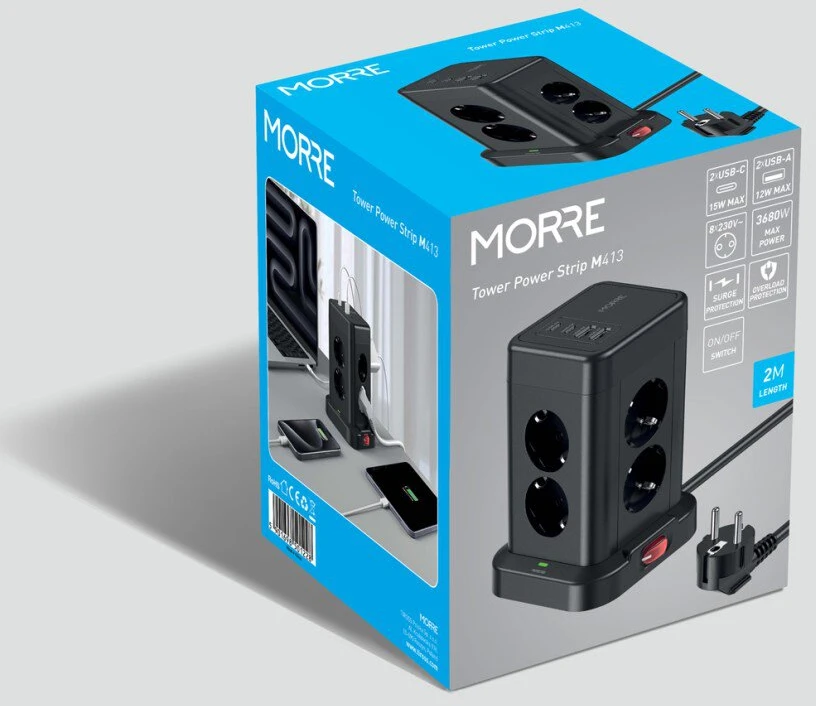 Ilgintuvas - Morre M413, 8 Kintamosios Srovės Lizdai, 2 USB-C, 2 USB-A, 2 m