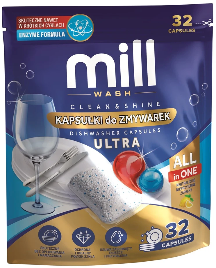 Madonis MILL CLEAN&SHINE Ultra Indaplovė Capsules, 32 capsules, 3K.D