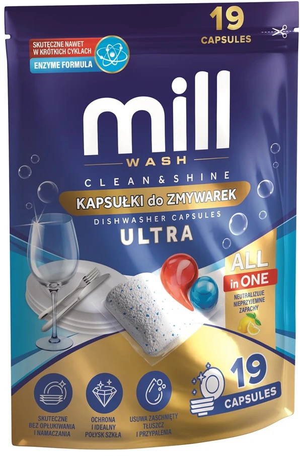 Madonis MILL CLEAN&SHINE Ultra Indaplovė Capsules, 19 capsules, 3K.D