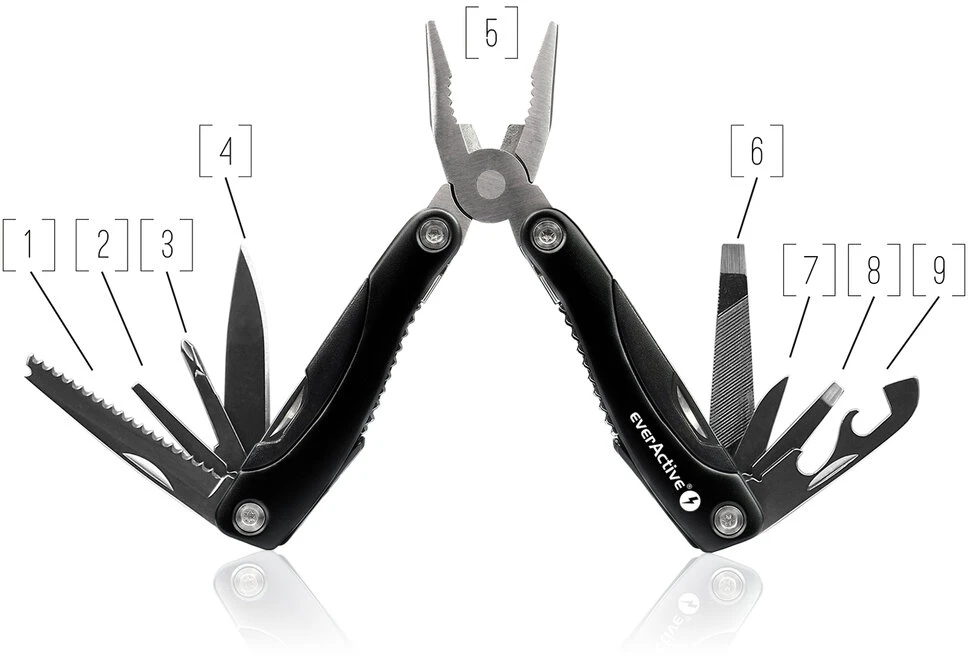Įrankis - EverActive Multitool 9 Funkcijos, Nerūdijantis Plienas, 10.5 x 4.5 x 2.3 cm, Juoda